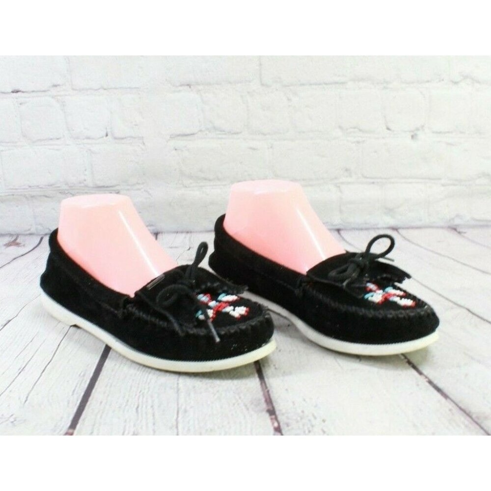 Minnetonka Black Suede Beaded Moccasins Slip On Flat Shoes Size 8 - Picture 3 of 9
